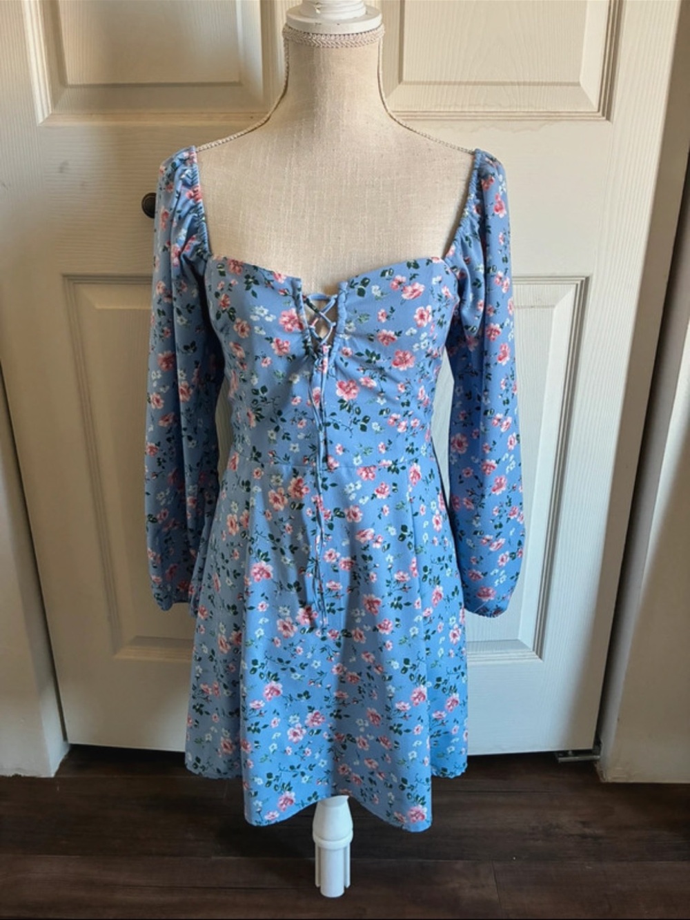 Blue Floral Lace-Up Dress